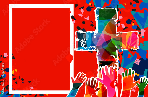 Colorful christian cross with human hands vector illustration. Religion themed background. Design for Christianity, church charity, help and support, prayer and care