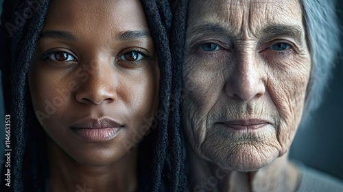 Young and old woman showing aging process and diversity
