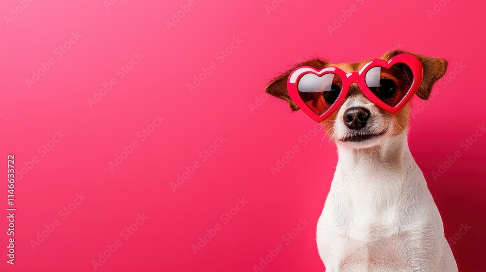 Dog Wearing Heart-Shaped Sunglasses Against a Pink Background for Romantic Themes Dog Wearing Heart-Shaped Sunglasses Against a Pink Background for Romantic Themes