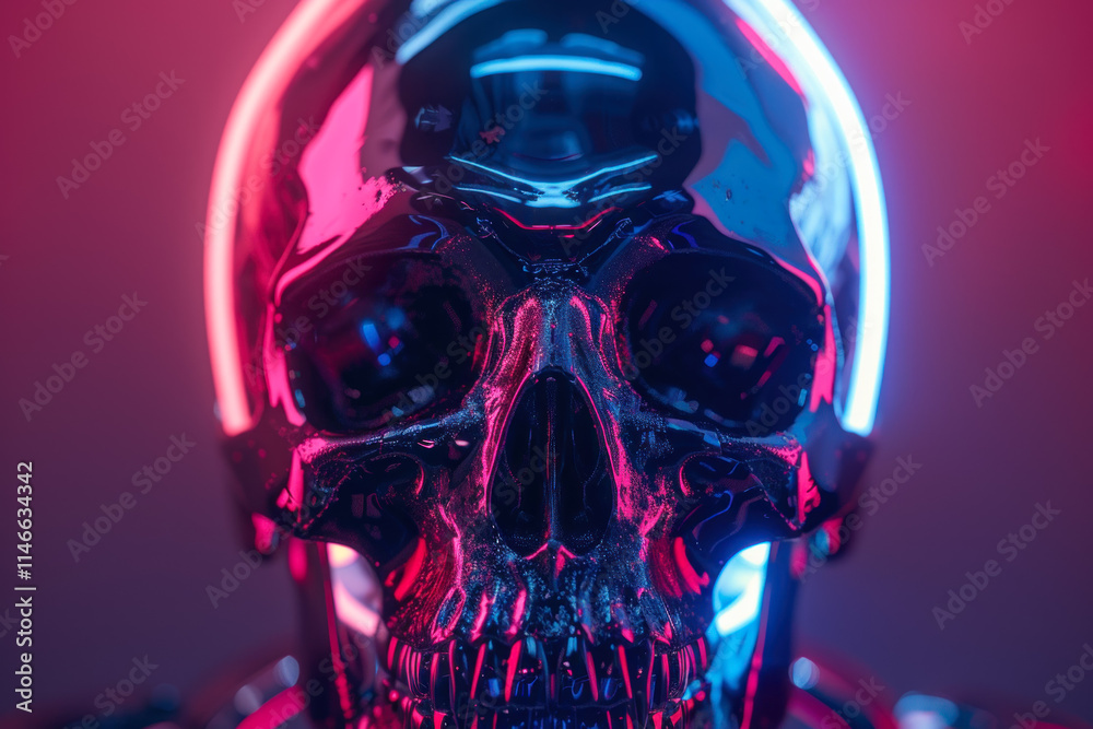 Futuristic skull design illuminated with vibrant neon lights in a dark background during a conceptual art display. Generative AI Futuristic skull design illuminated with vibrant neon lights in a dark background during a conceptual art display. Generative AI