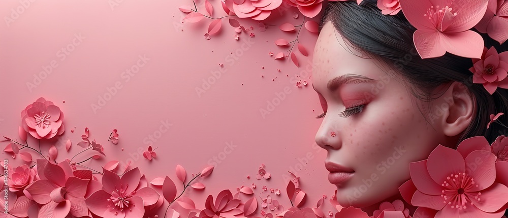 Fototapeta premium Paper Art for Happy Women's Day on March 8th,&nbsp;Exclusive Deal with Floral Pattern on Pink Background, Generative Ai.