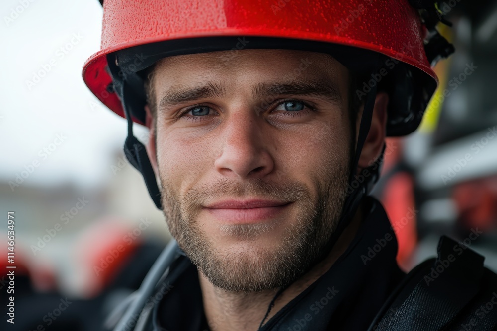 A cheerful firefighter with a red helmet smiles confidently in a rainy outdoor environment, capturing the essence of dedication and service in emergency response situations.