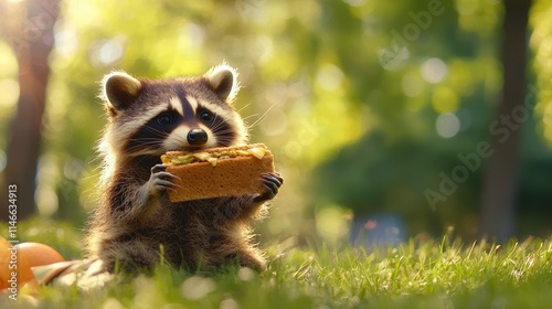 Cute raccoon holding sandwich in green park with soft sunlight and blurred background