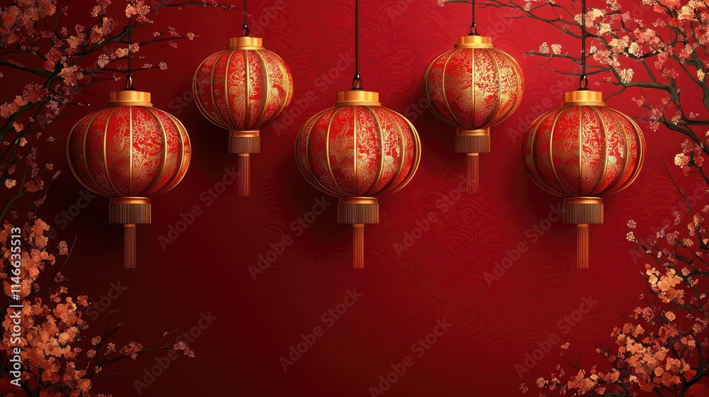 Red Chinese lanterns hanging with blossom branches on red background. Red Chinese lanterns hanging with blossom branches on red background.