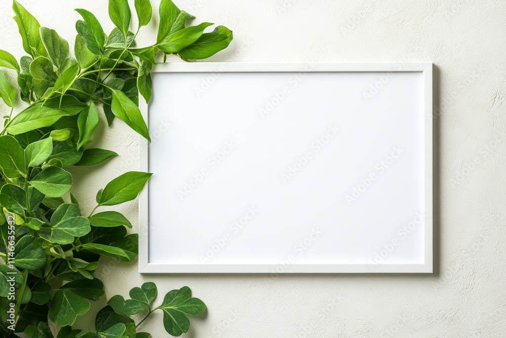 A blank white frame surrounded by green leaves, ideal for displaying art or messages. A blank white frame surrounded by green leaves, ideal for displaying art or messages.