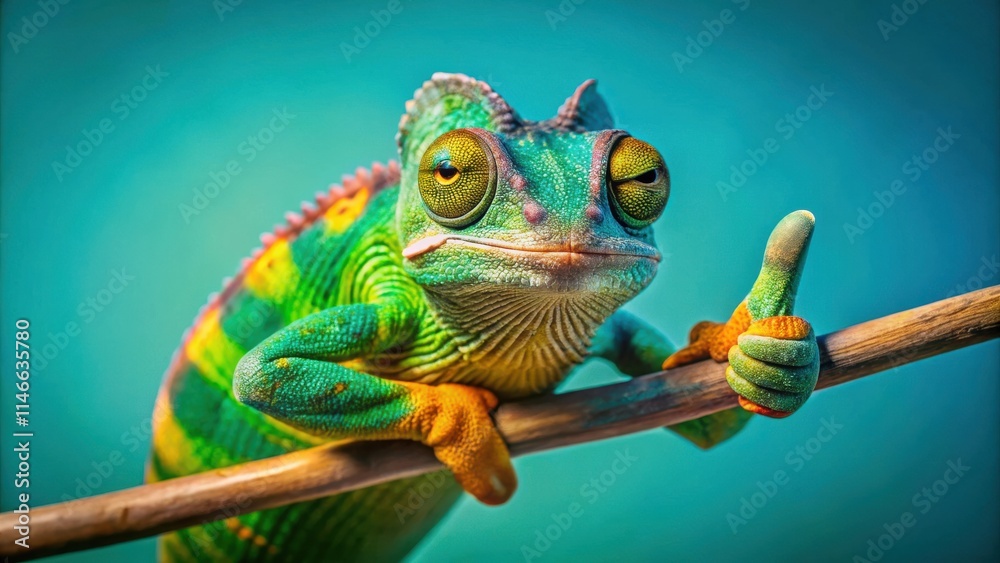 custom made wallpaper toronto digitalA vibrant chameleon with a bright green, yellow, and orange body perches on a thin branch and gives a thumbs up with a playful grin.