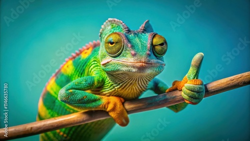 Wallpaper Mural A vibrant chameleon with a bright green, yellow, and orange body perches on a thin branch and gives a thumbs up with a playful grin. Torontodigital.ca