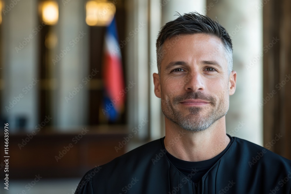 This striking image captures a focused male judge posing in an elegant courtroom, embodying the essence of legal authority with a confident demeanor. This striking image captures a focused male judge posing in an elegant courtroom, embodying the essence of legal authority with a confident demeanor.