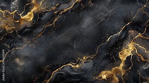 Luxurious black and gold marble texture with intricate veining and a glossy finish, showcasing elegance, opulence, and a sophisticated contemporary aesthetic.