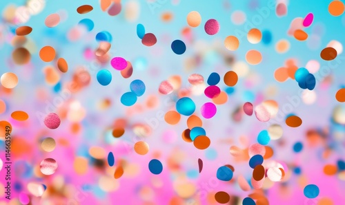 Colorful confetti falling, vibrant background.