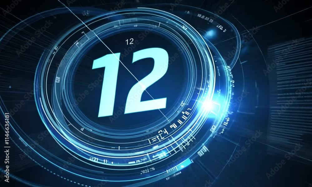 A futuristic digital design featuring the number 12, surrounded by glowing blue elements and data.