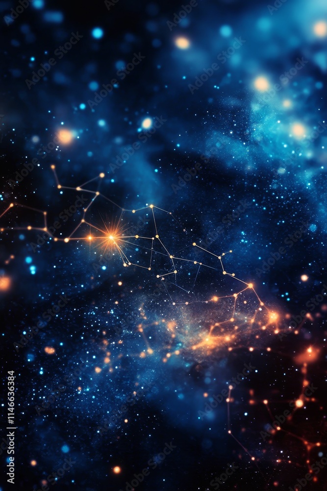 Cosmic network, glowing points, dark nebula. Cosmic network, glowing points, dark nebula.