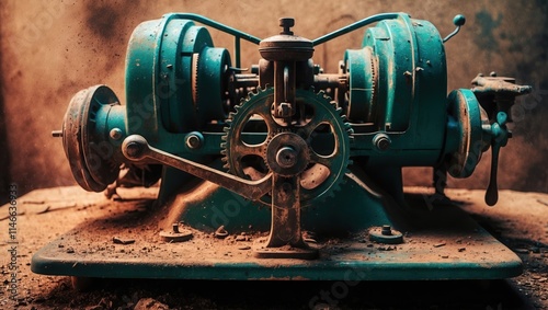 Vintage blue mechanical device with gears and levers, covered in dust, sits on a weathered surface. Industrial aesthetic evokes nostalgia.