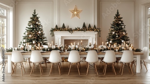 Elegant holiday dining room with festive decorations