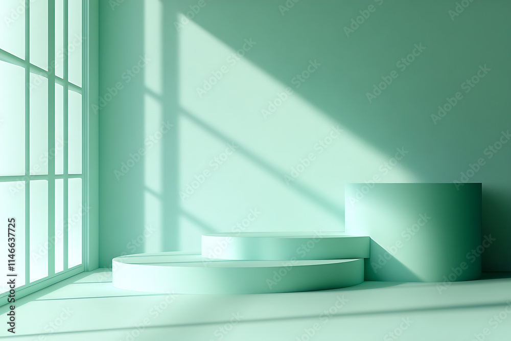 Fototapeta premium Mint Green Minimalist Interior Design with Geometric Platforms