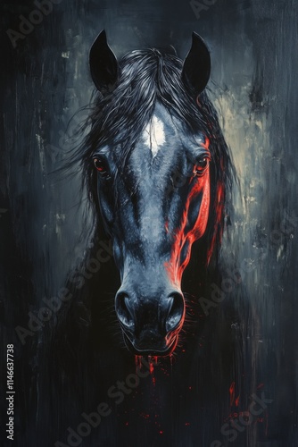 black horse head looking at viewer, dark dramatic background with blacks and grays brush strokes, dramatic