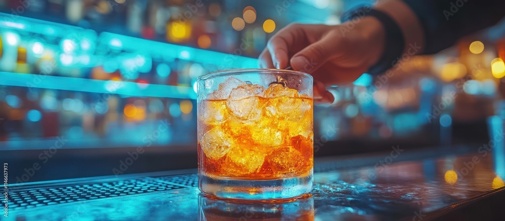 Bartender preparing an iced whiskey cocktail on bar counter.