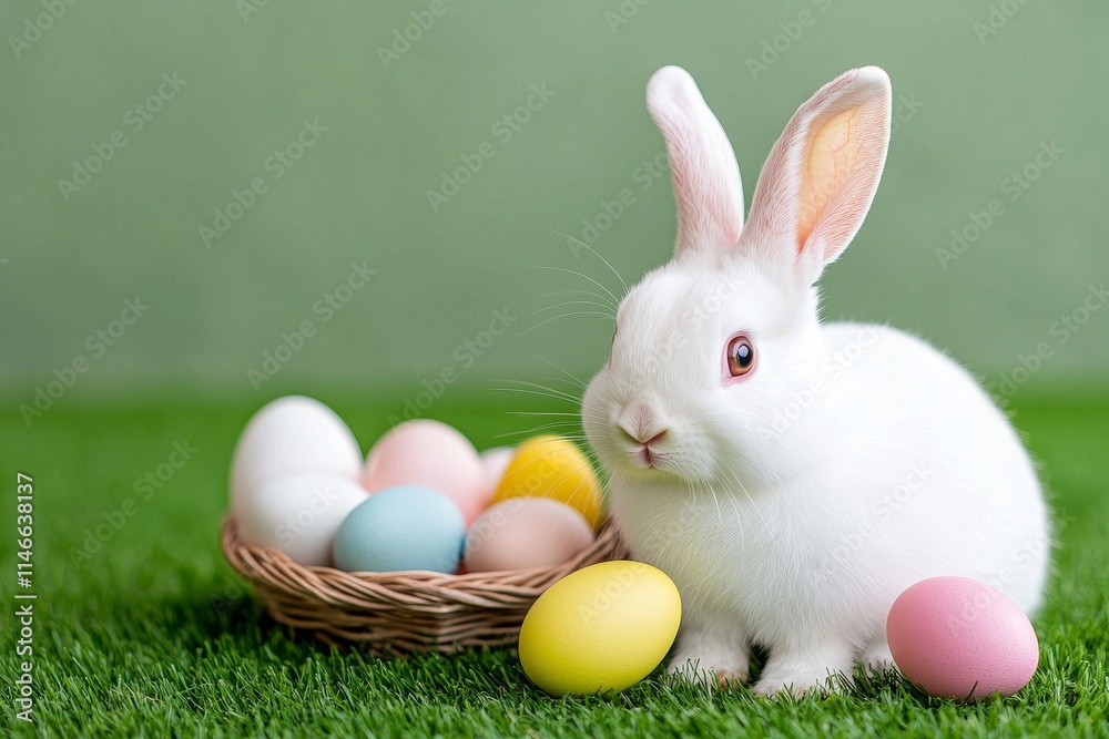 Obraz premium A white rabbit holding a basket brimming with vibrant Easter eggs, set against a green backdrop. Stock image.