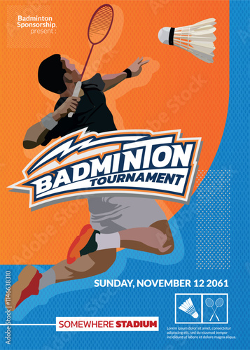 Badminton Tournament, sport poster. Badminton player with shuttlecock, blue and orange background with modern logo