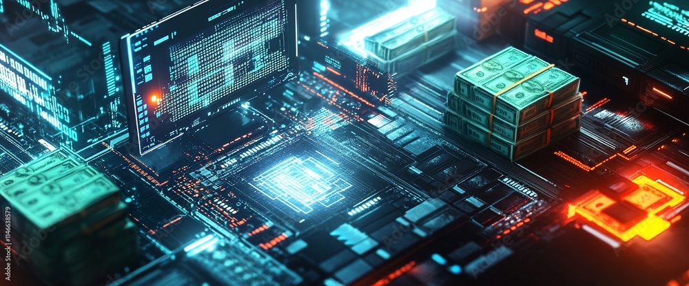 A digital circuit board with stacks of money, symbolizing technology and finance. A digital circuit board with stacks of money, symbolizing technology and finance.