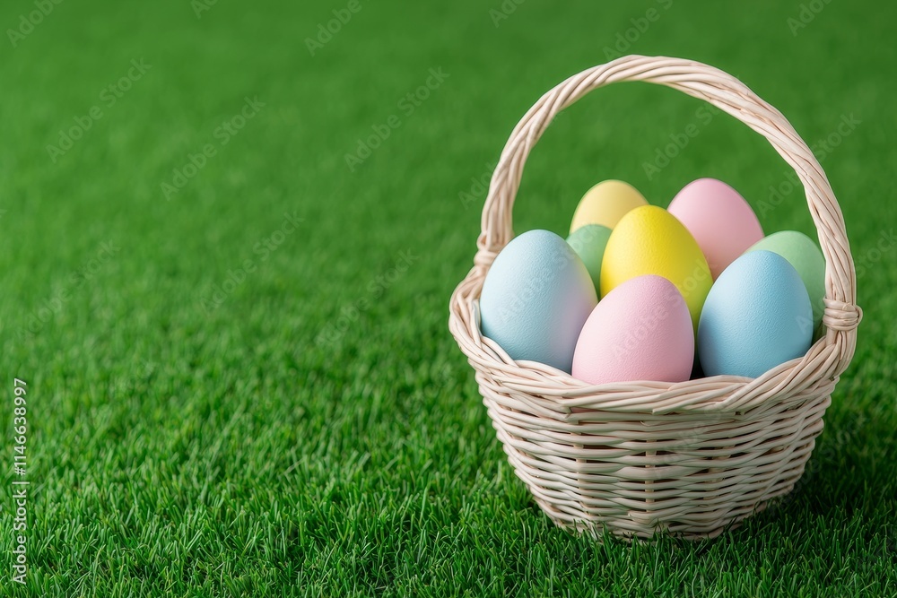 Joyful Easter! A basket of vibrantly painted eggs rests on a green meadow under the morning sun, creating a festive spring scene. Joyful Easter! A basket of vibrantly painted eggs rests on a green meadow under the morning sun, creating a festive spring scene.
