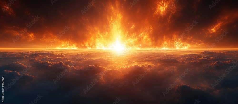 Fototapeta premium Fiery sunset above a sea of clouds.