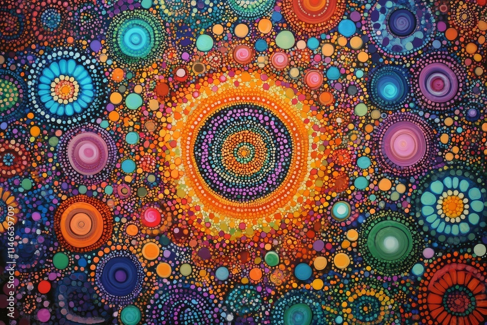 Colorful abstract painting; vibrant dots, circles. Colorful abstract painting; vibrant dots, circles.