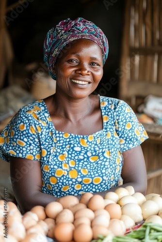Smiling african woman selling eggs and vegetables at a local market in uganda, vertical