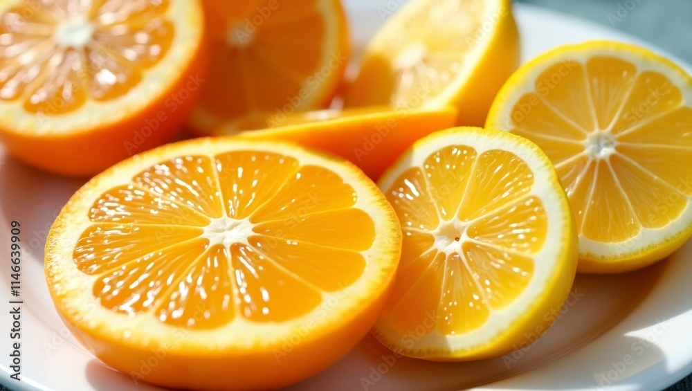 Fototapeta premium Sliced oranges and lemons filling a white plate