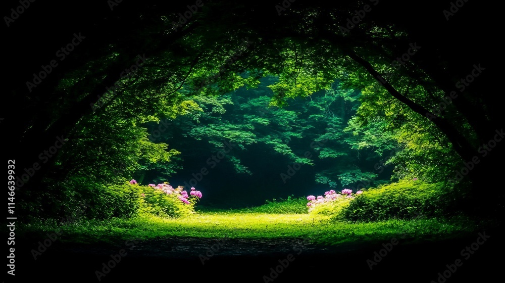 Fototapeta premium Secret Garden Path Through Lush Green Canopy