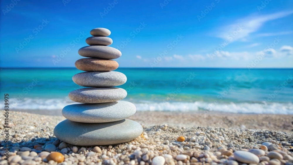 Fototapeta premium A Stack of Smooth Stones on a Sandy Beach with a Blurred Ocean in the Background
