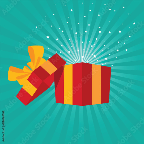 Surprise open red gift box with sunburst background, birthday celebration, special give away package, loyalty program reward, wonder gift stock illustration
