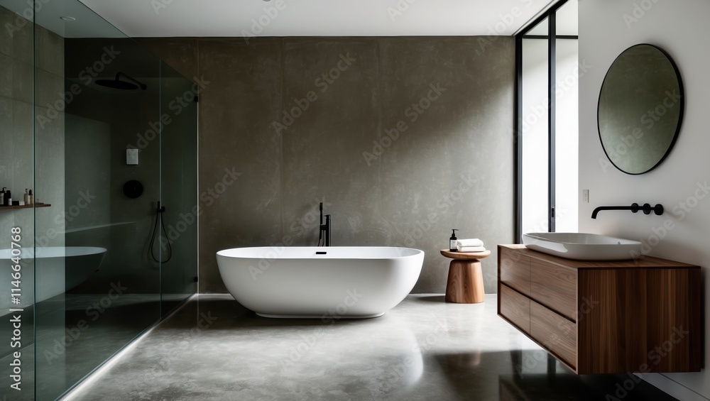 Fototapeta premium Modern bathroom featuring a freestanding bathtub, wooden cabinet, sleek sink design, and large windows for natural light. Minimalistic and stylish decor.