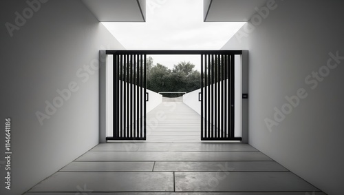 Modern architectural entrance featuring sleek black gates  minimalist design  and a pathway leading to lush greenery. Soft natural light enhances serene atmosphere.