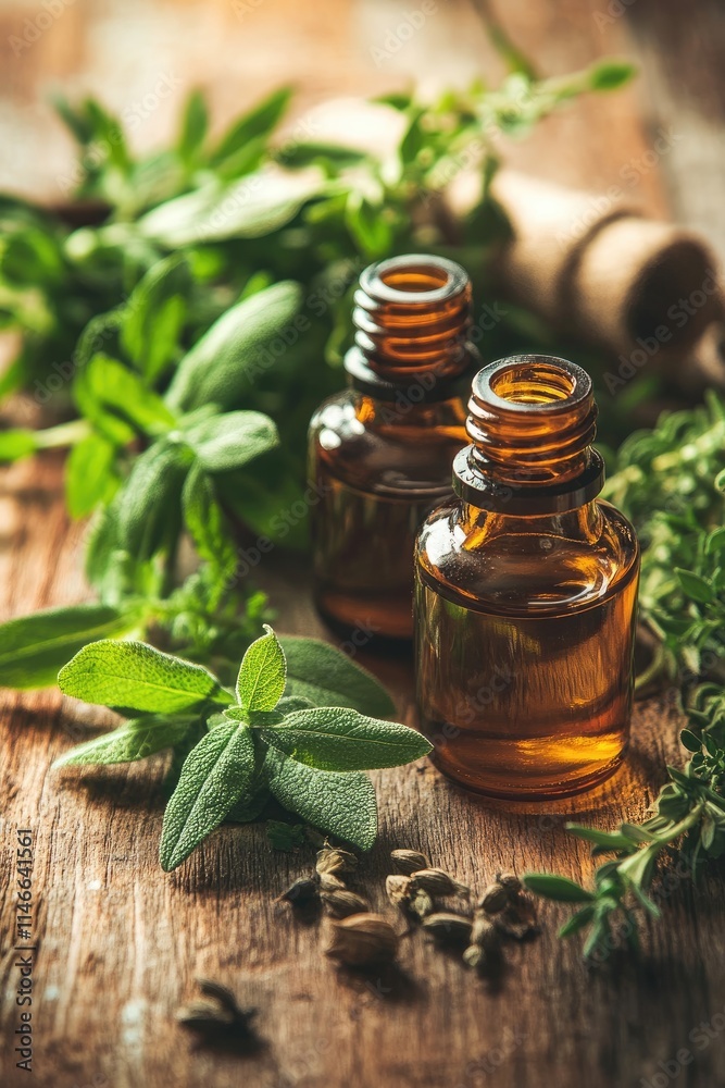 aromatic herbs and oils on the table. Selective focus. aromatic herbs and oils on the table. Selective focus.