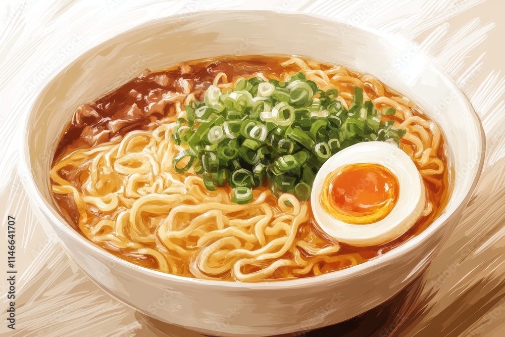 A bowl of ramen featuring noodles, broth, green onions, and a soft-boiled egg. A bowl of ramen featuring noodles, broth, green onions, and a soft-boiled egg.