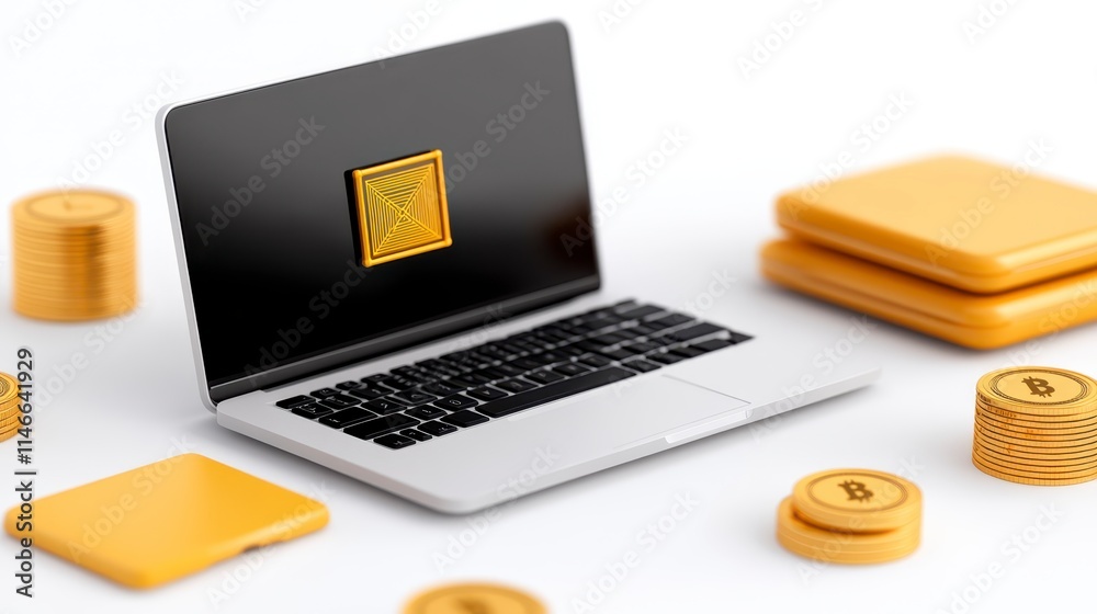 A laptop surrounded by golden coins, emphasizing cryptocurrency and digital finance themes. A laptop surrounded by golden coins, emphasizing cryptocurrency and digital finance themes.