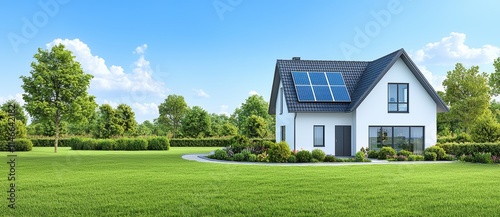 A house featuring a garden and solar panels on the roof.