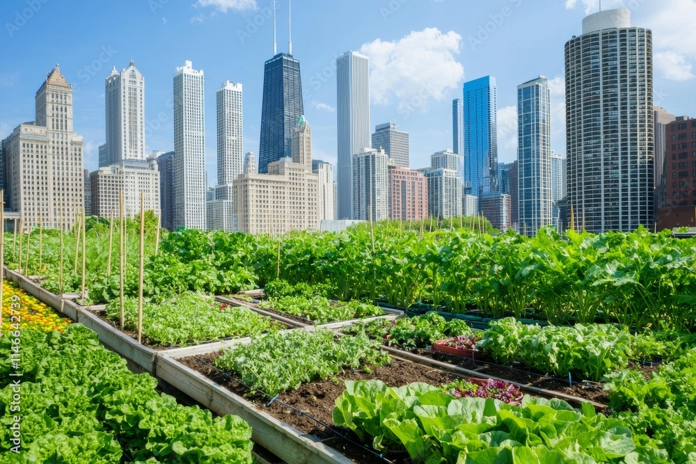 A rooftop urban oasis with sustainable vegetables and views of the city skyline. A rooftop urban oasis with sustainable vegetables and views of the city skyline.