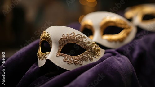 Elegant Venetian Masquerade Masks with Gold Accents on Luxurious Velvet Fabric for Festive Celebrations and Themed Events photo