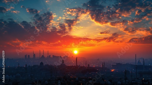 Vibrant sunrise over a city skyline, showcasing dramatic clouds and silhouetted buildings.