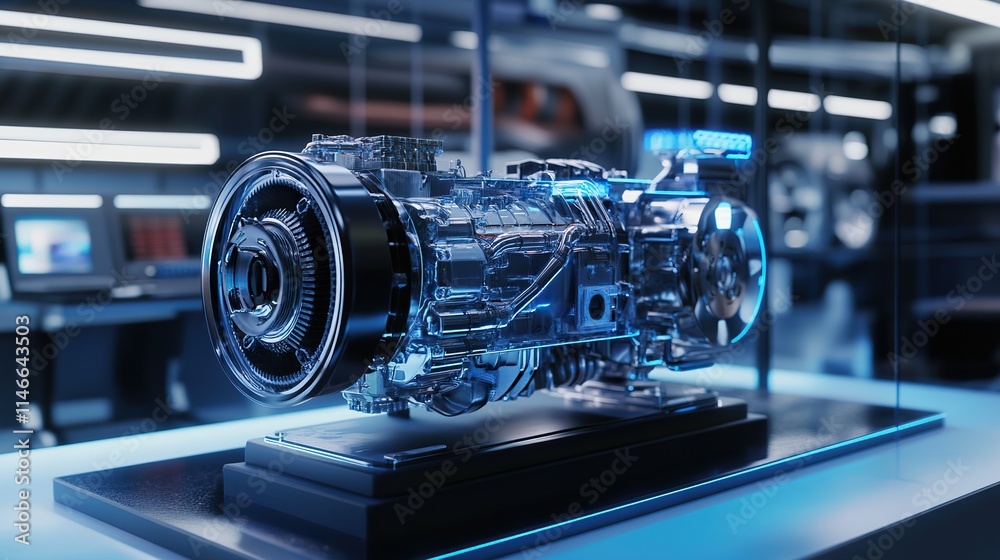 A futuristic engine technology demo in an advanced automotive research facility. A futuristic engine technology demo in an advanced automotive research facility.