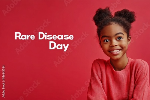 Smiling Girl in Pink Sweater Celebrating Rare Disease Day Against Vibrant Red Background photo