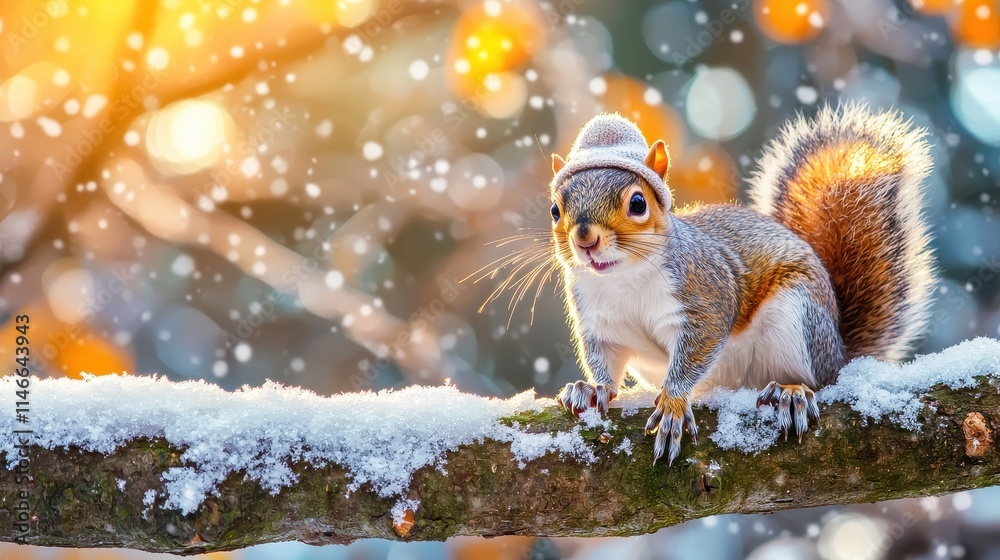 Cute Squirrel with Hat Posing on Snowy Branch in Winter Wonderland Scene Cute Squirrel with Hat Posing on Snowy Branch in Winter Wonderland Scene