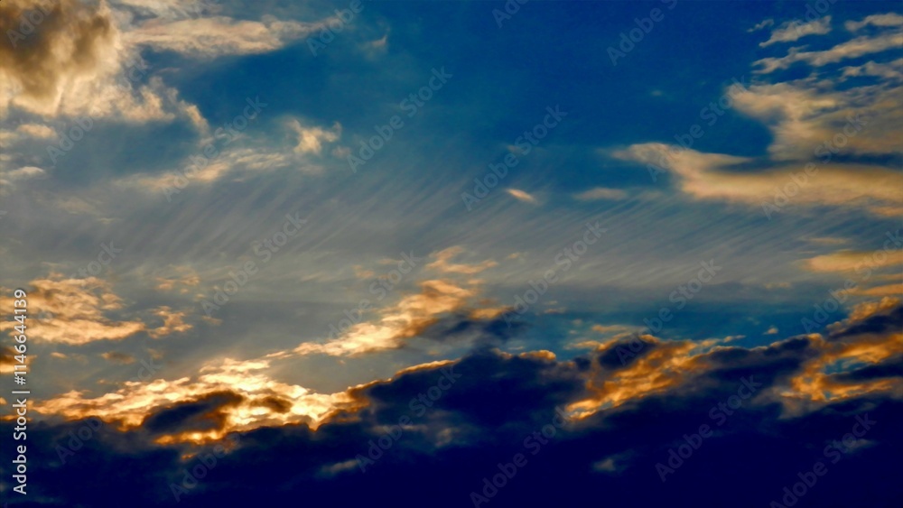 Fototapeta premium Blue sky, white, yellow and orange different types of clouds illuminated during sunset on windy weather - abstract background with natural pattern of clouds. Topics: air space, atmosphere, meteorology