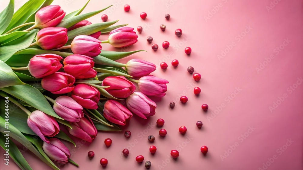Fototapeta premium A bouquet of vibrant pink tulips arranged on a soft blush background, accented by scattered red berries, creating a delicate and romantic floral composition.