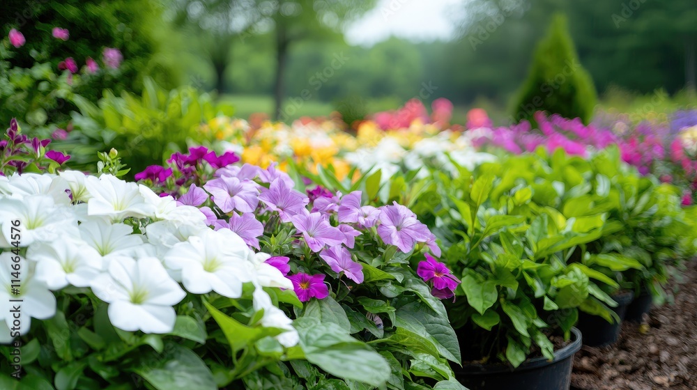 Fototapeta premium Vibrant colorful flowers in pots, blooming in a garden.
