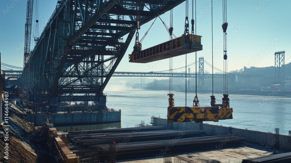 Naklejka premium A large crane is placed at the bridge construction site, the river lifts materials such as beams and cables, background wallpaper AI generated image