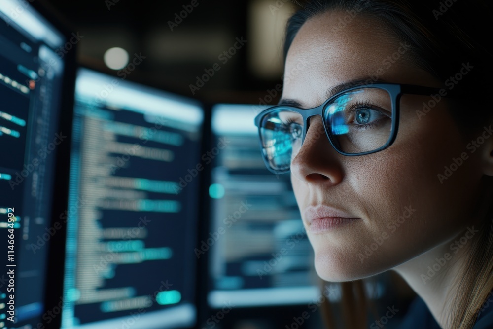 A intense young woman with a serious expression is engrossed in computer programming, exhibiting the dedication and intellect found in modern tech professionals. A intense young woman with a serious expression is engrossed in computer programming, exhibiting the dedication and intellect found in modern tech professionals.