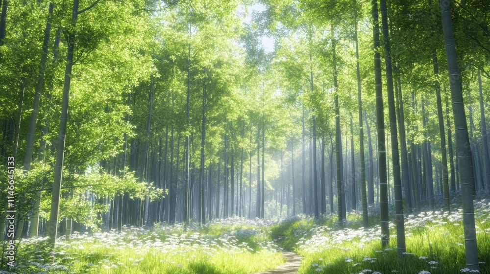 Naklejka premium Serene Bamboo Forest Path with Spring Blossoms